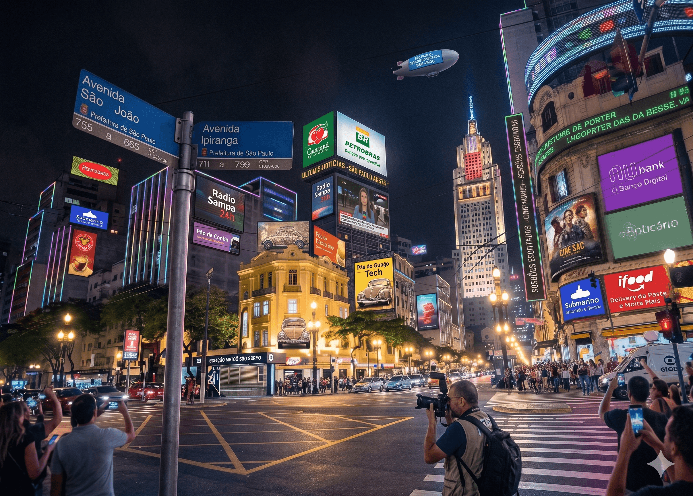 Nighttime conceptual view of the São João Boulevard project in downtown São Paulo, showing the historic intersection of Avenida São João and Avenida Ipiranga transformed into a vibrant 'Times Square'. Massive LED billboards illuminate the streets with advertisements, while pedestrians and a photographer capture the glowing city scene.
